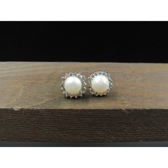 Jewelry - Sterling Silver Fancy Pearl And White Topaz Gem Stud Earrings Vintage Wedding